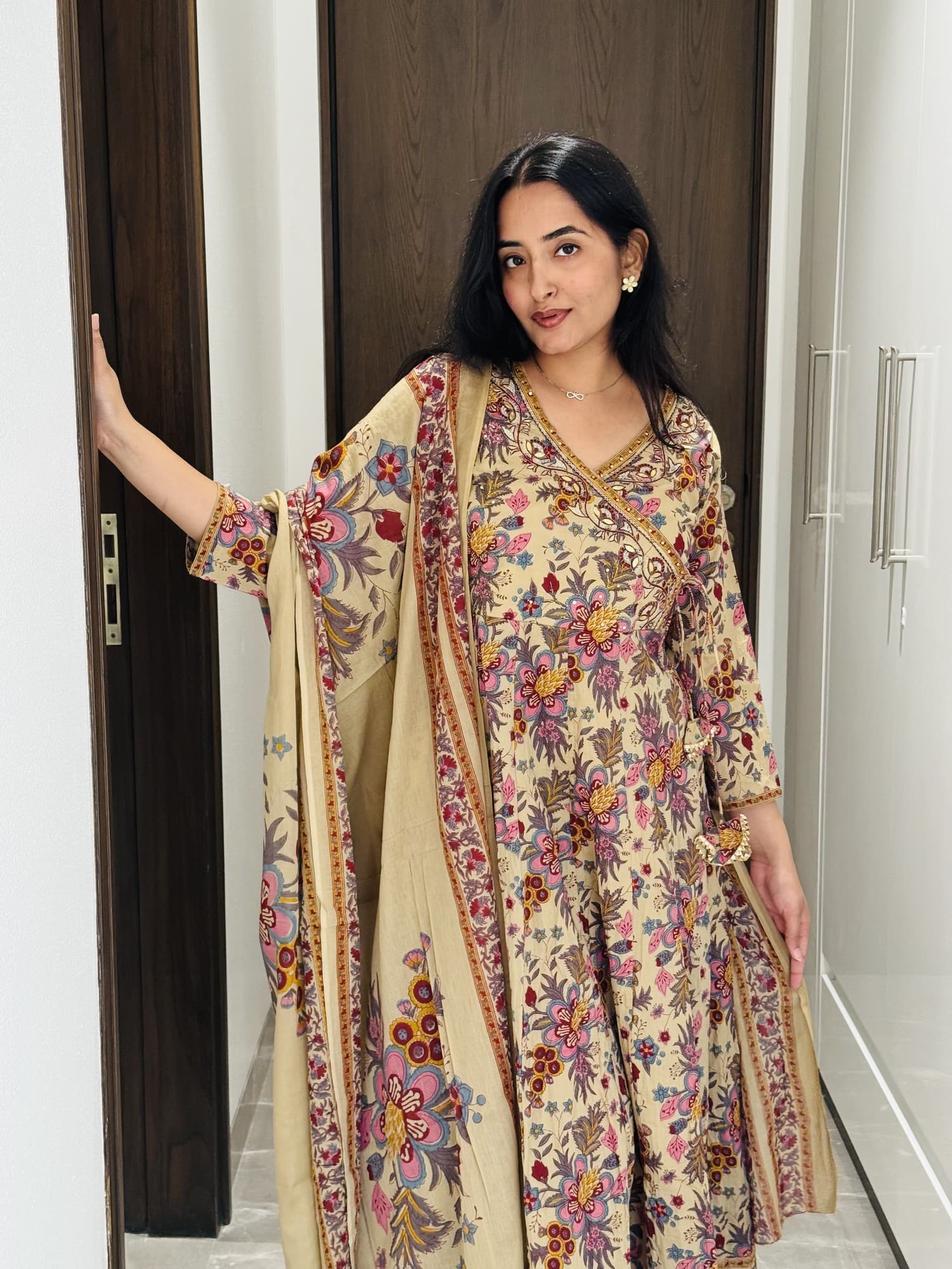 Beige Angrakha Style Anarkali Suit Set
