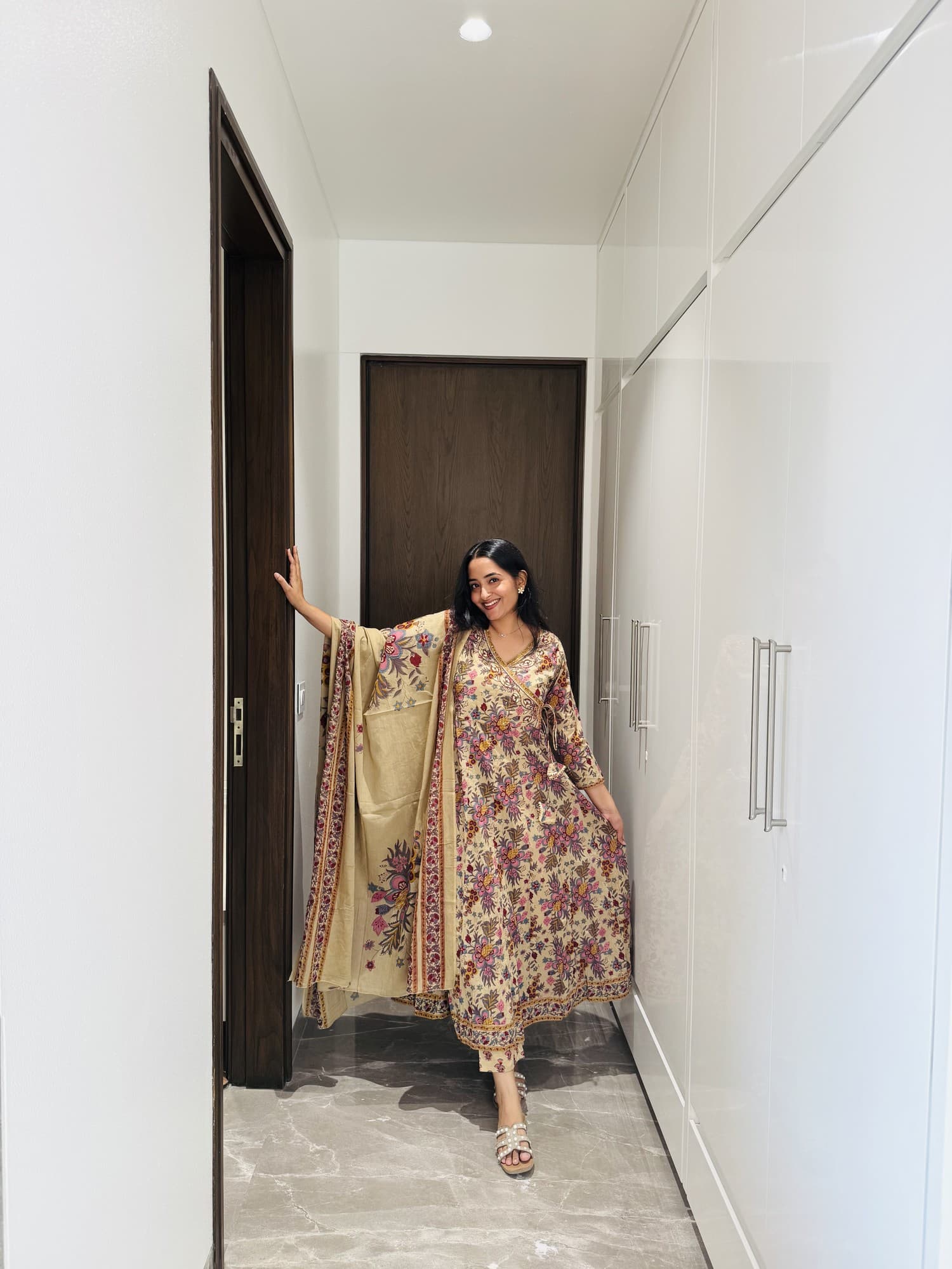 Beige Angrakha Style Anarkali Suit Set detail view