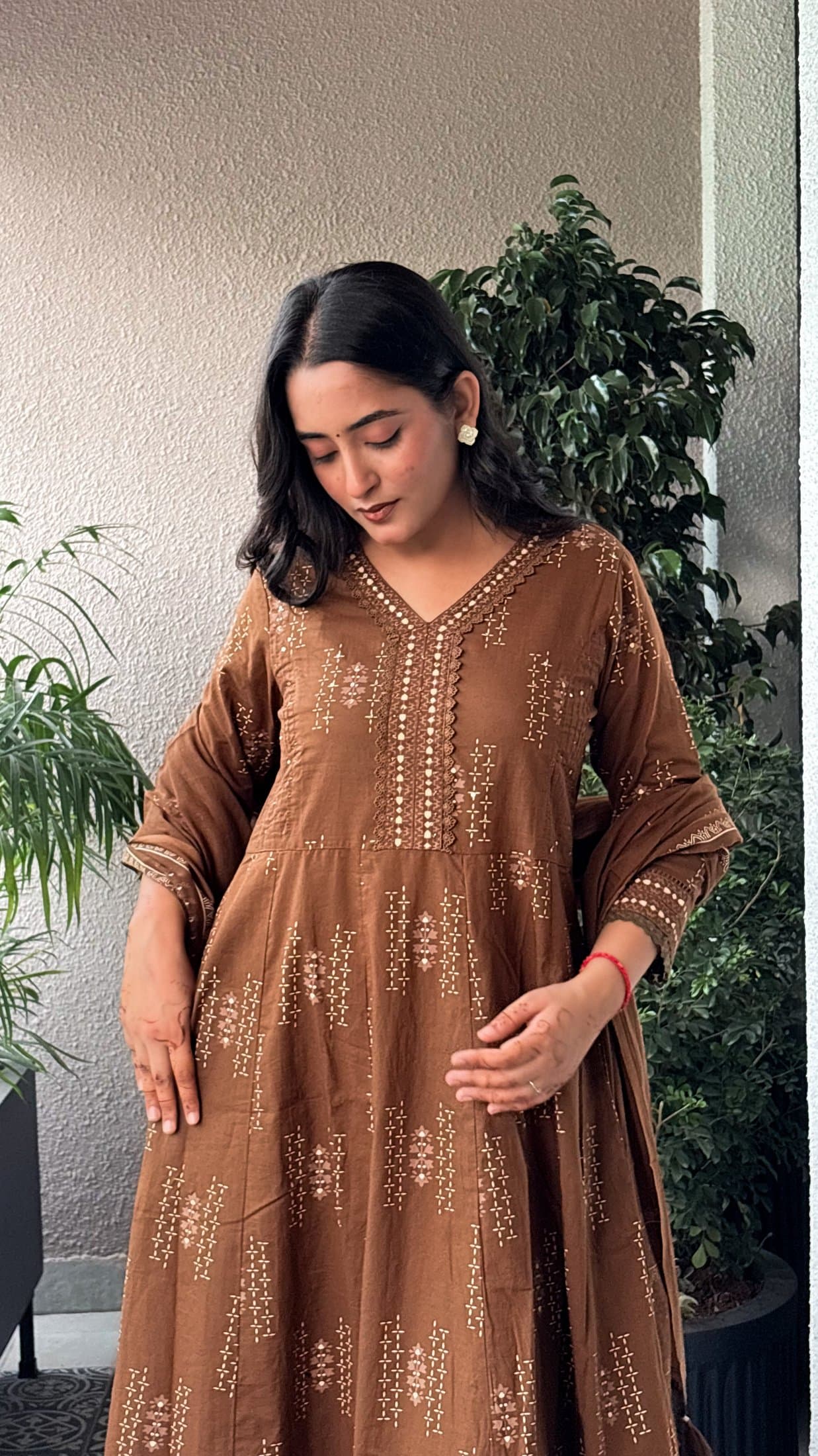 Brown Cotton Anarkali Suit Set