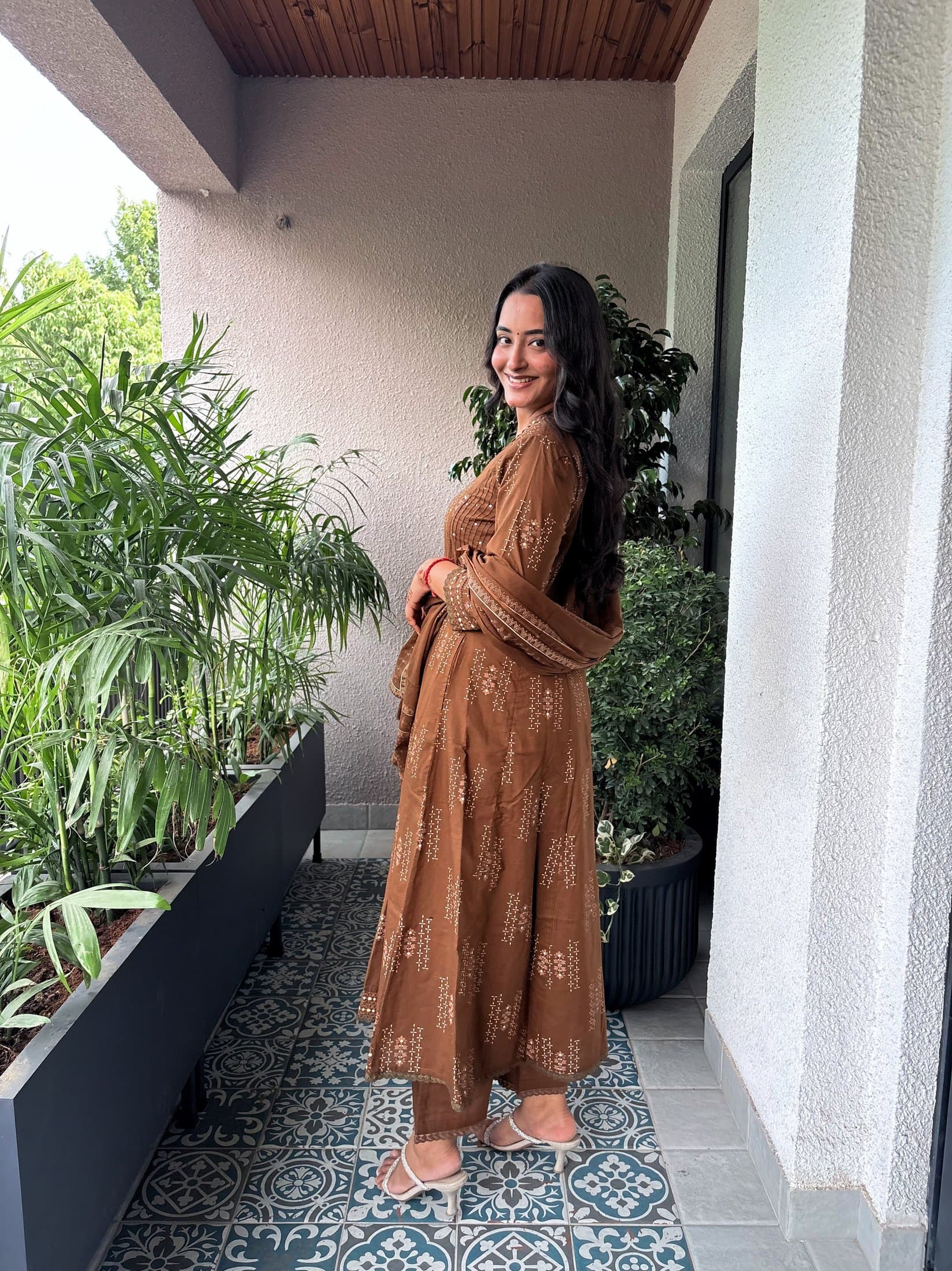 Brown Cotton Anarkali Suit Set detail view